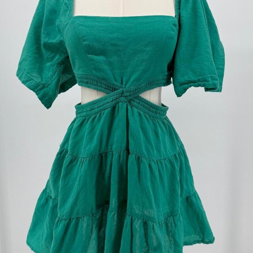 Free People Green Cotton Linen Cut Out Ruffle Tiered Mini Dress